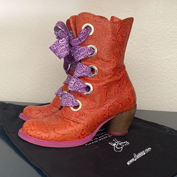 John Fluevog Orange Boots with Purple Laces - Picture 3 of 4